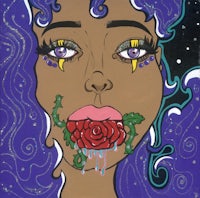 a painting of a woman with purple hair and a rose in her mouth