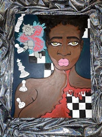 a painting of a woman with a chess board